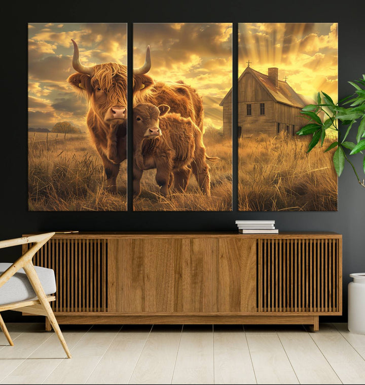 Highland Cow Canvas Wall Art Animal Print Pictures Fluffy Cattle Photo Framed Farmhouse Painting