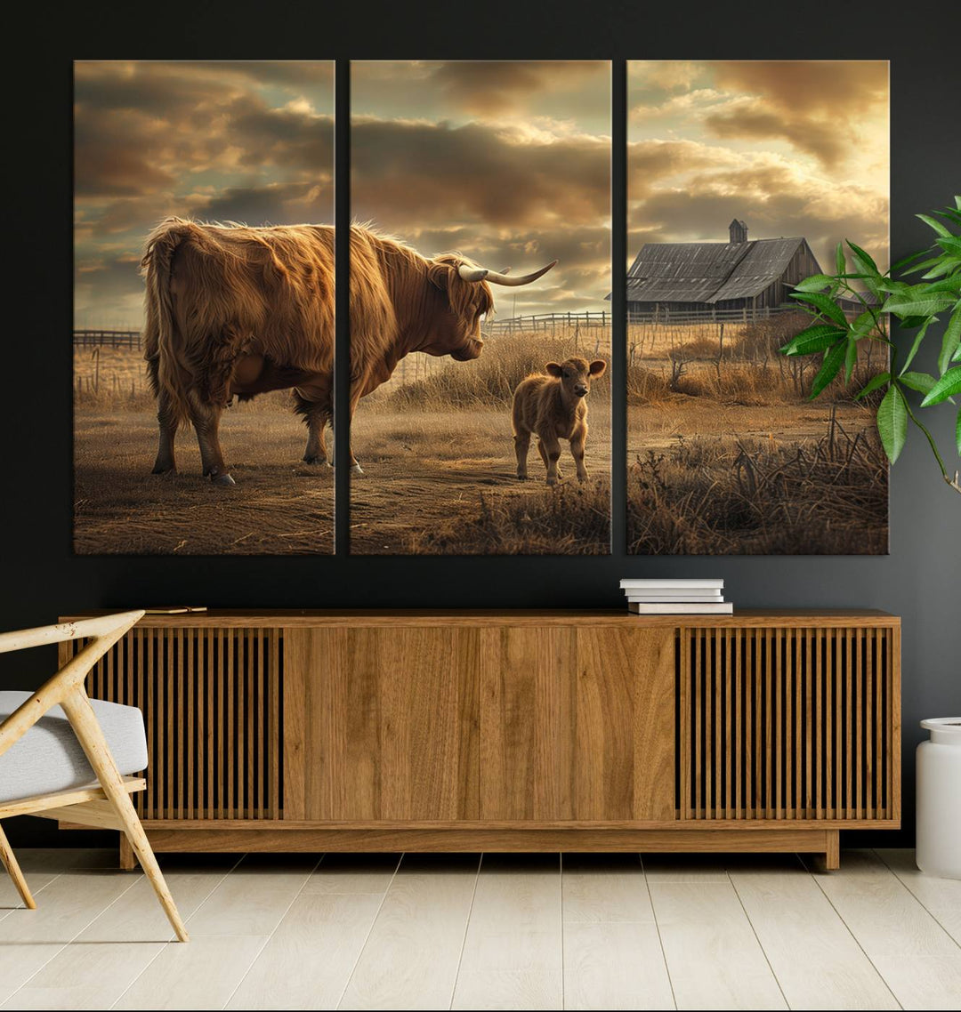 Highland Cow Canvas Wall Art Animal Print Pictures Fluffy Cattle Photo Framed Farmhouse Painting