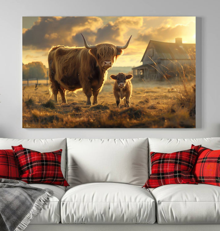 Highland Cow Canvas Wall Art Animal Print Pictures Fluffy Cattle Photo Framed Farmhouse Painting