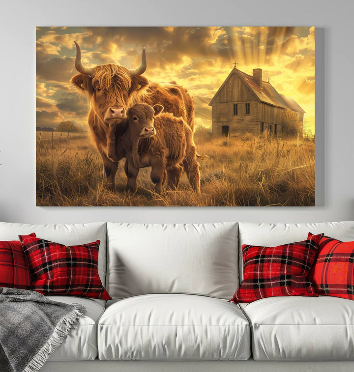 Highland Cow Canvas Wall Art Animal Print Pictures Fluffy Cattle Photo Framed Farmhouse Painting