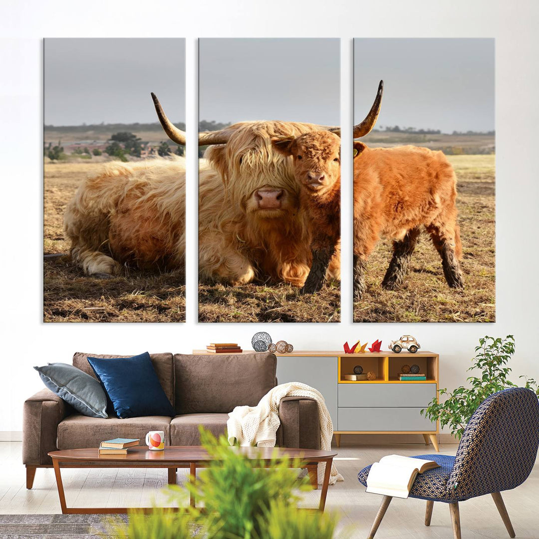 Highland Cow Canvas Wall Art Animal Print Pictures Highland Fluffy Cattle Photo Framed Farmhouse Painting