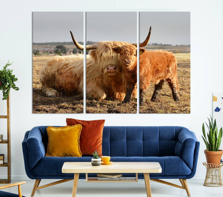 Highland Cow Canvas Wall Art Animal Print Pictures Highland Fluffy Cattle Photo Framed Farmhouse Painting