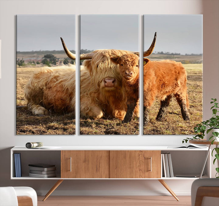 Highland Cow Canvas Wall Art Animal Print Pictures Highland Fluffy Cattle Photo Framed Farmhouse Painting