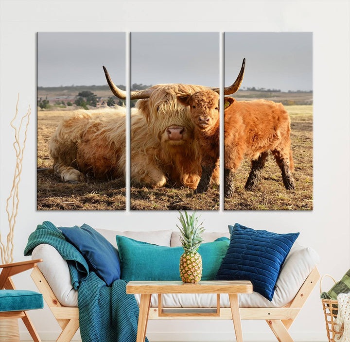 Highland Cow Canvas Wall Art Animal Print Pictures Highland Fluffy Cattle Photo Framed Farmhouse Painting