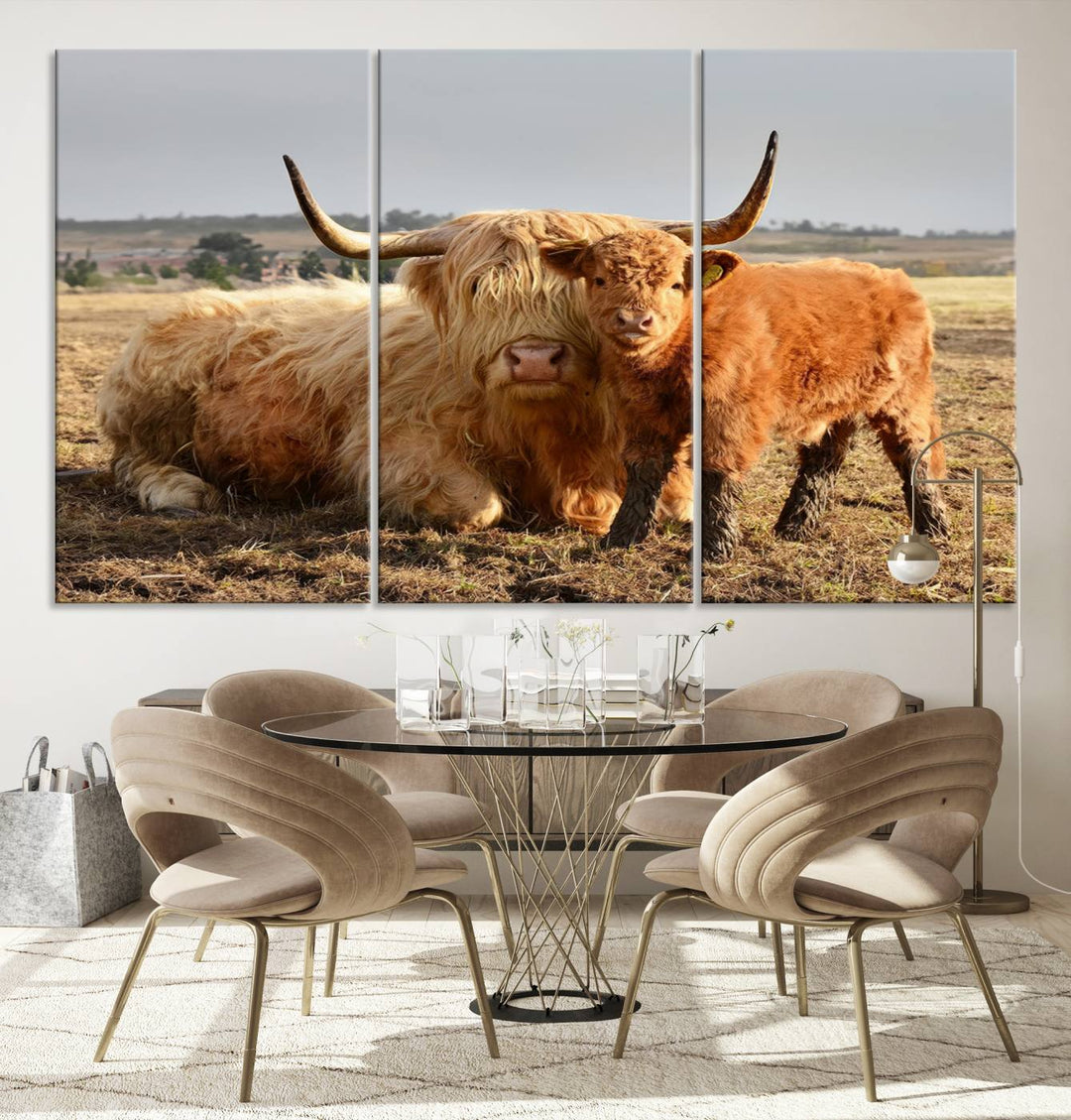 Highland Cow Canvas Wall Art Animal Print Pictures Highland Fluffy Cattle Photo Framed Farmhouse Painting