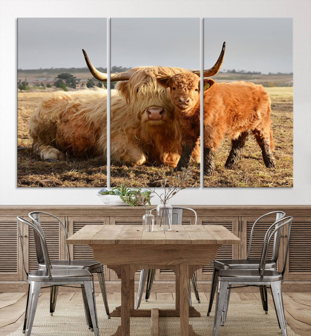 Highland Cow Canvas Wall Art Animal Print Pictures Highland Fluffy Cattle Photo Framed Farmhouse Painting