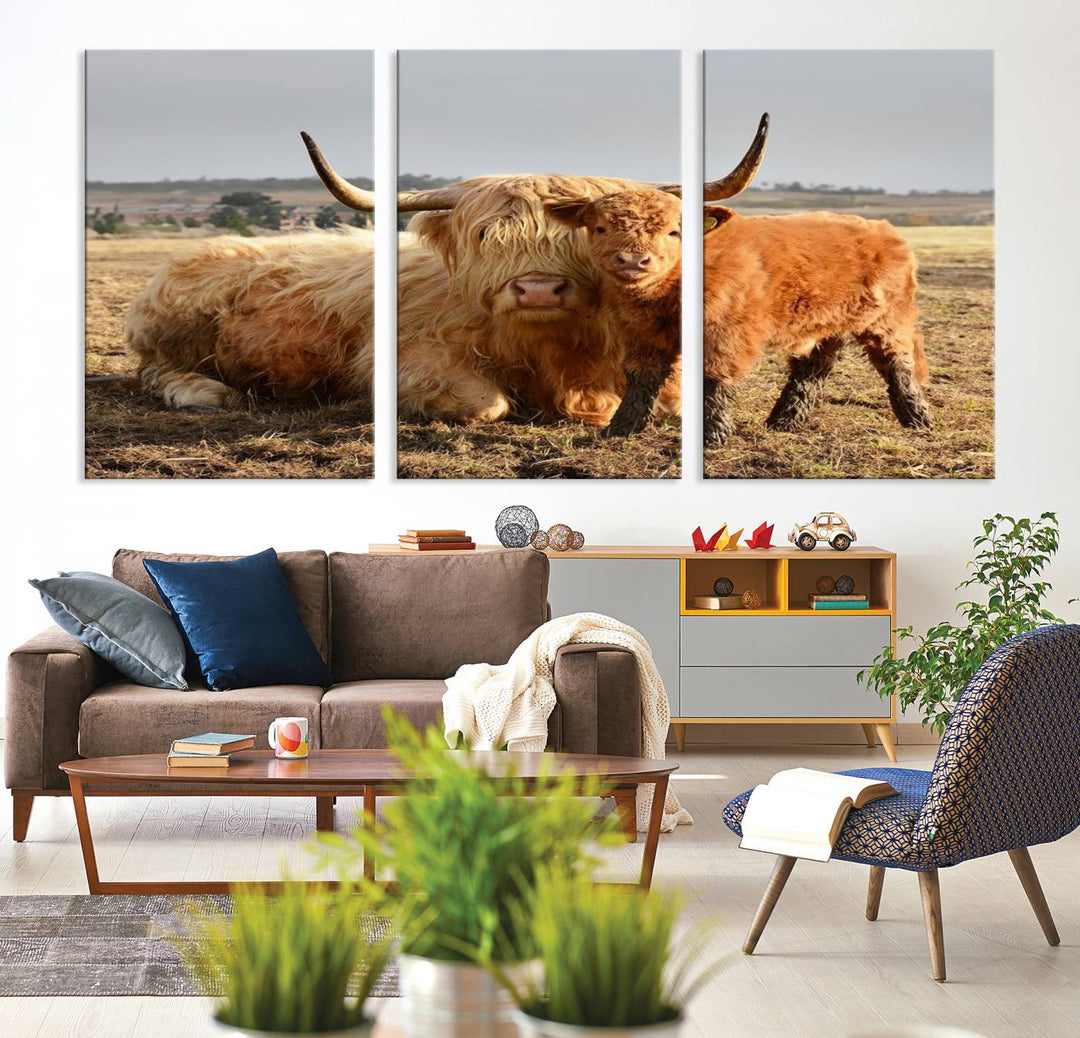 Highland Cow Canvas Wall Art Animal Print Pictures Highland Fluffy Cattle Photo Framed Farmhouse Painting