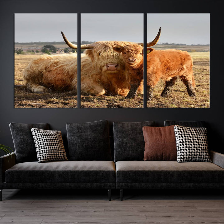 Highland Cow Canvas Wall Art Animal Print Pictures Highland Fluffy Cattle Photo Framed Farmhouse Painting