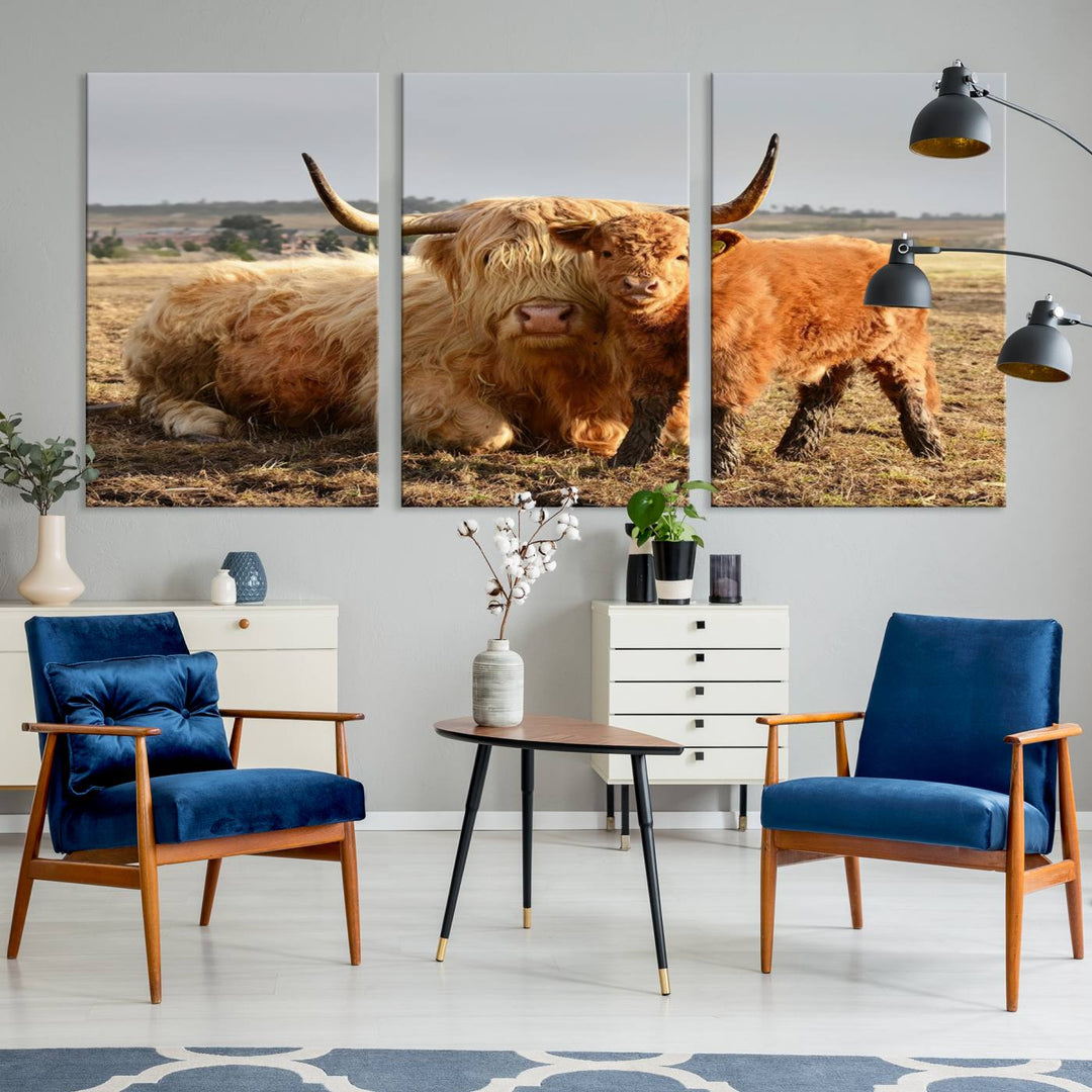 Highland Cow Canvas Wall Art Animal Print Pictures Highland Fluffy Cattle Photo Framed Farmhouse Painting