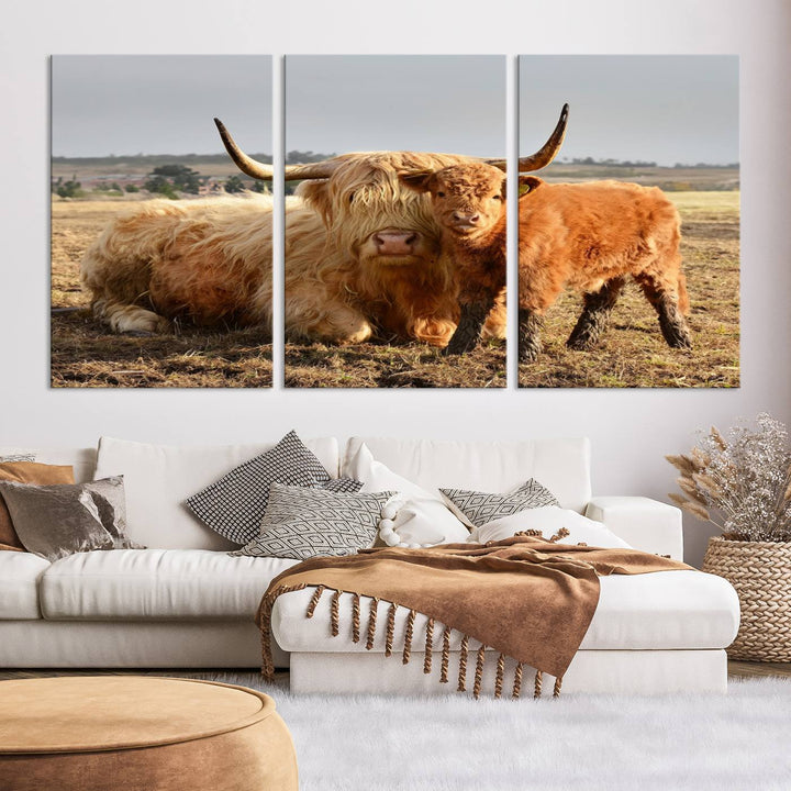 Highland Cow Canvas Wall Art Animal Print Pictures Highland Fluffy Cattle Photo Framed Farmhouse Painting