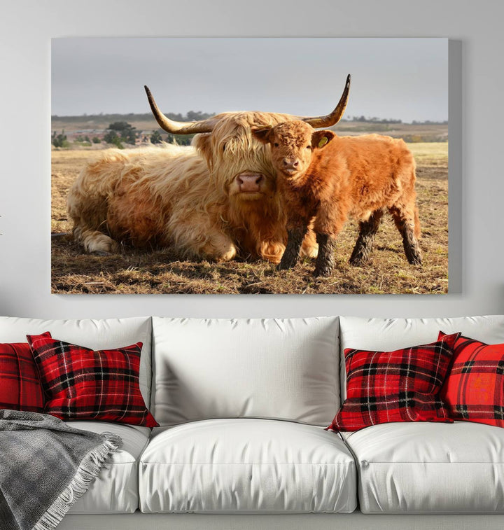 Highland Cow Canvas Wall Art Animal Print Pictures Highland Fluffy Cattle Photo Framed Farmhouse Painting