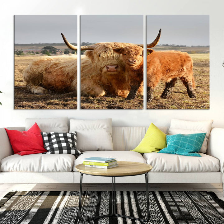 Highland Cow Canvas Wall Art Animal Print Pictures Highland Fluffy Cattle Photo Framed Farmhouse Painting