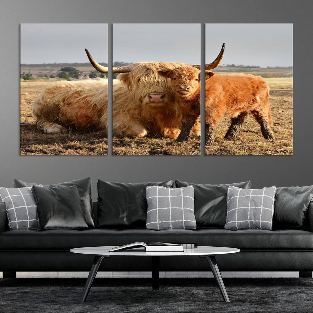 Highland Cow Canvas Wall Art Animal Print Pictures Highland Fluffy Cattle Photo Framed Farmhouse Painting