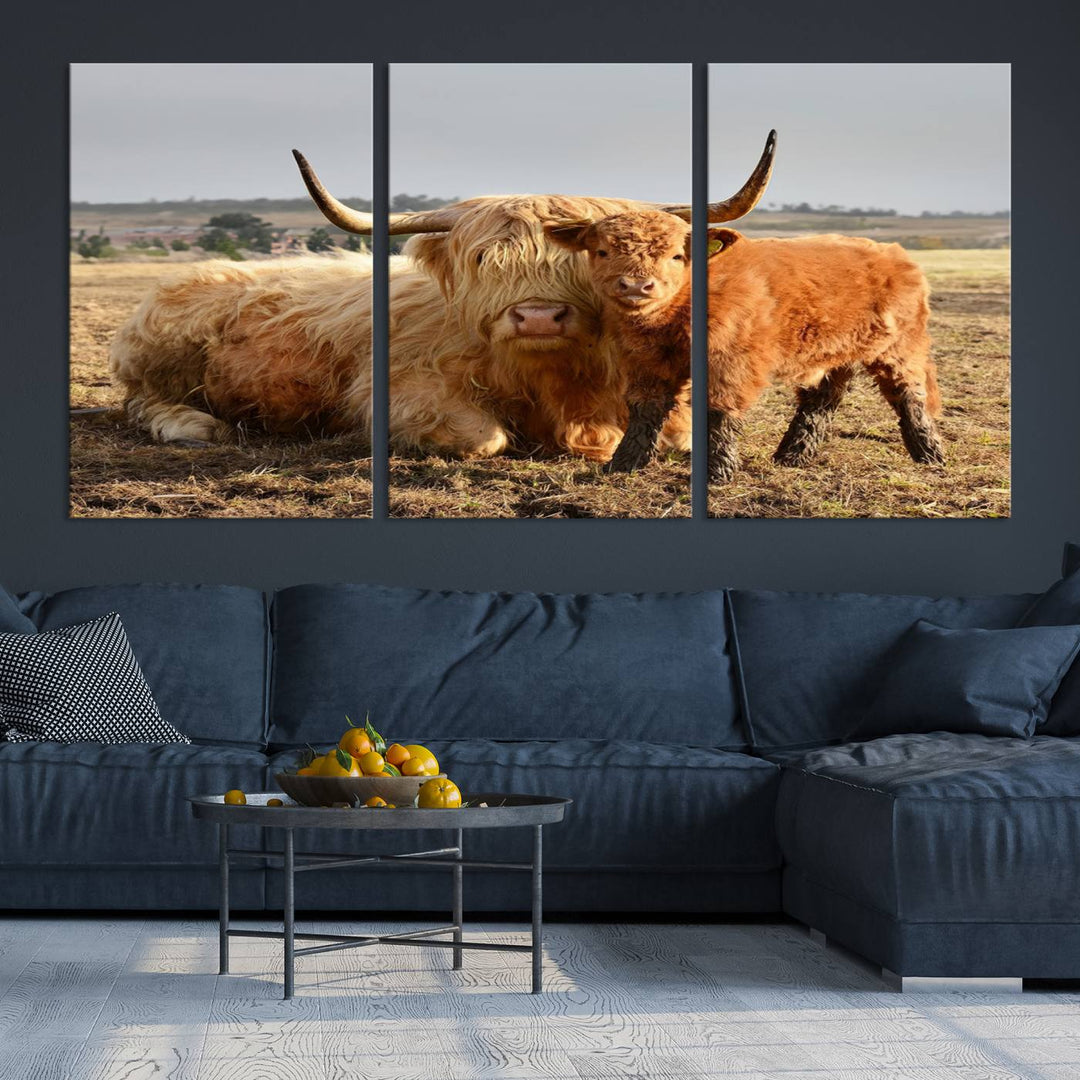 Highland Cow Canvas Wall Art Animal Print Pictures Highland Fluffy Cattle Photo Framed Farmhouse Painting