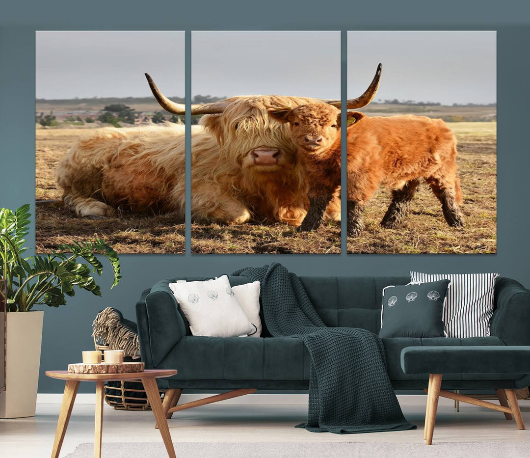 Highland Cow Canvas Wall Art Animal Print Pictures Highland Fluffy Cattle Photo Framed Farmhouse Painting