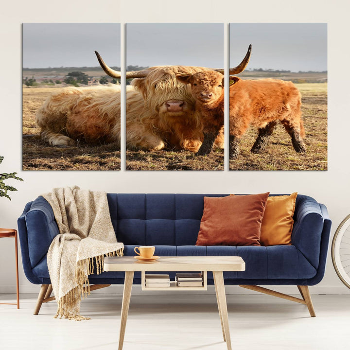 Highland Cow Canvas Wall Art Animal Print Pictures Highland Fluffy Cattle Photo Framed Farmhouse Painting