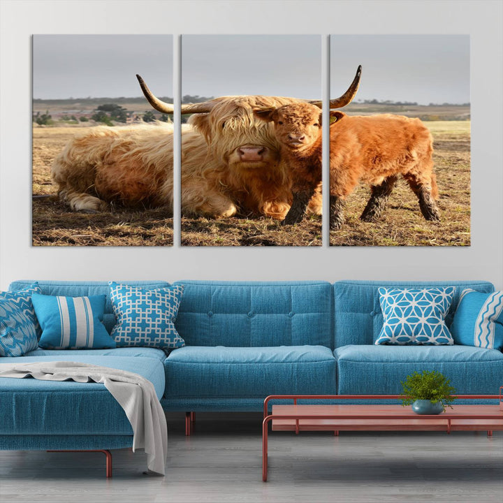 Highland Cow Canvas Wall Art Animal Print Pictures Highland Fluffy Cattle Photo Framed Farmhouse Painting