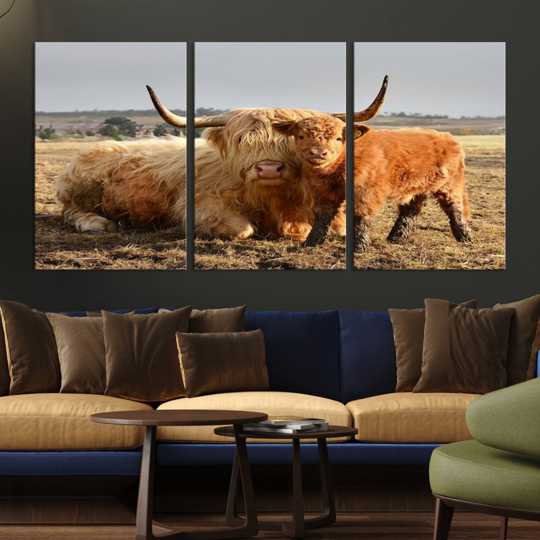 Highland Cow Canvas Wall Art Animal Print Pictures Highland Fluffy Cattle Photo Framed Farmhouse Painting