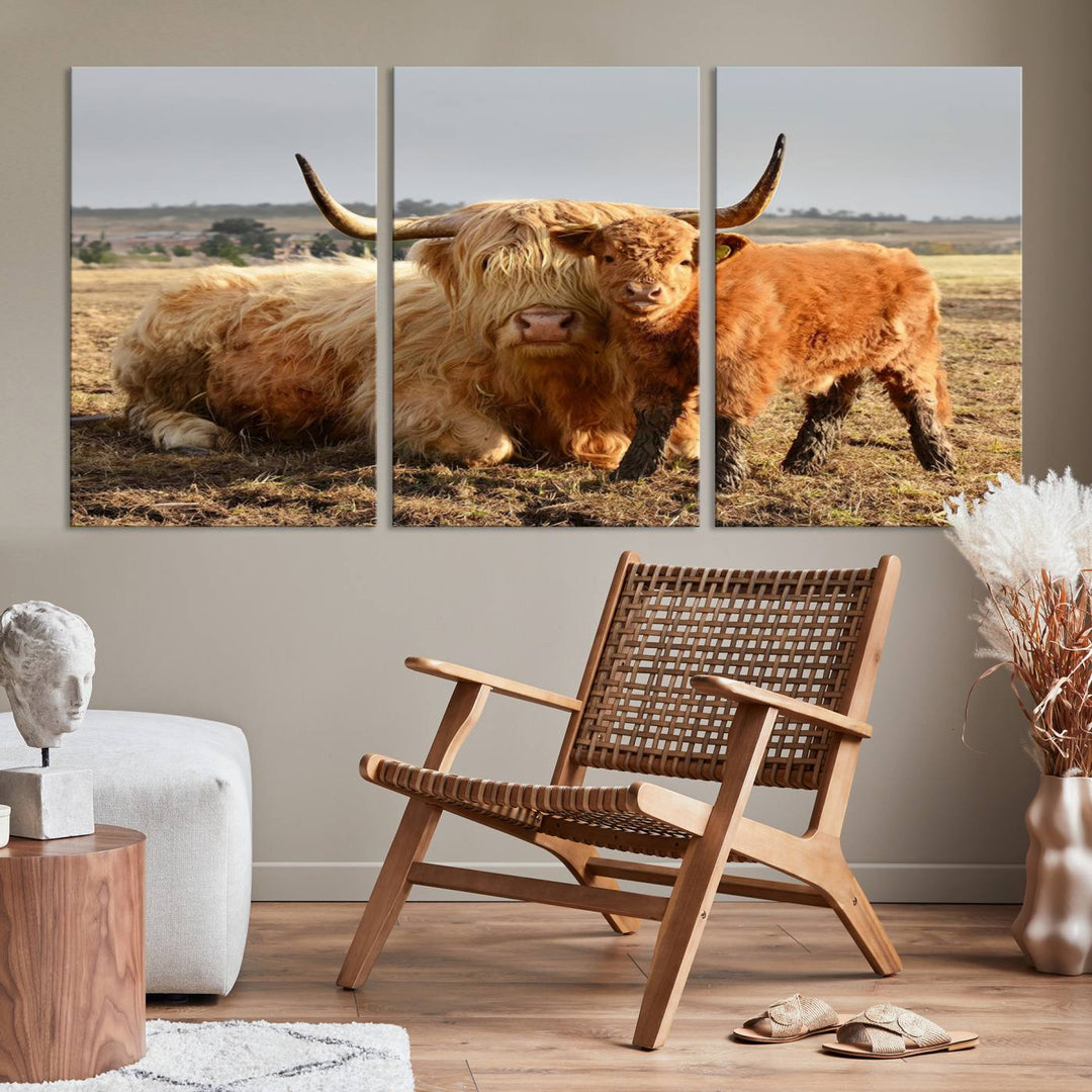 Highland Cow Canvas Wall Art Animal Print Pictures Highland Fluffy Cattle Photo Framed Farmhouse Painting