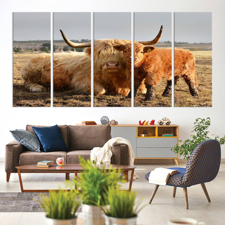 Highland Cow Canvas Wall Art Animal Print Pictures Highland Fluffy Cattle Photo Framed Farmhouse Painting