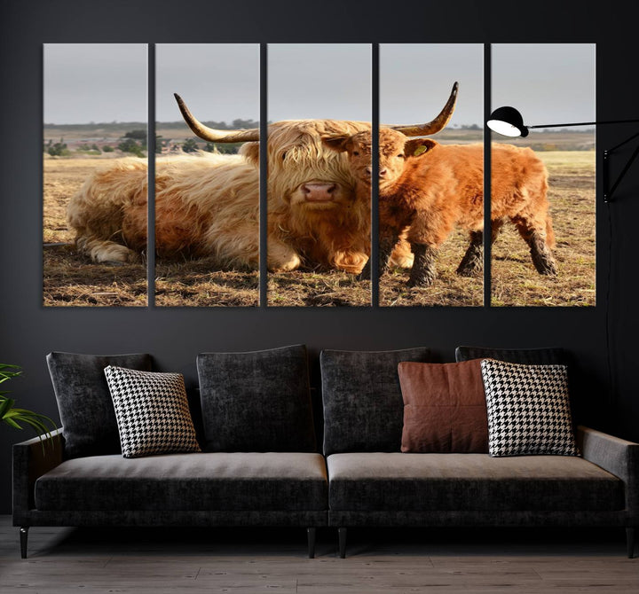 Highland Cow Canvas Wall Art Animal Print Pictures Highland Fluffy Cattle Photo Framed Farmhouse Painting