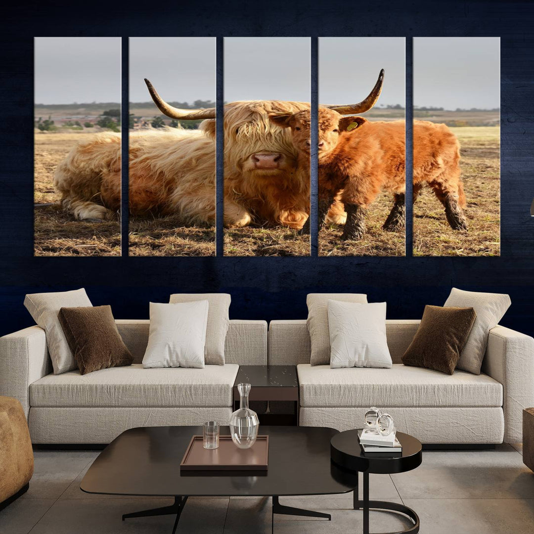 Highland Cow Canvas Wall Art Animal Print Pictures Highland Fluffy Cattle Photo Framed Farmhouse Painting