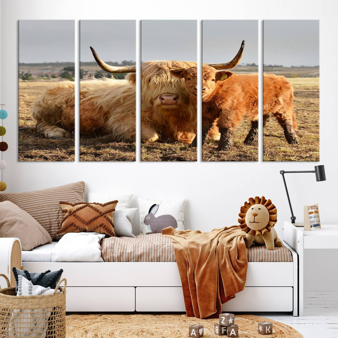 Highland Cow Canvas Wall Art Animal Print Pictures Highland Fluffy Cattle Photo Framed Farmhouse Painting