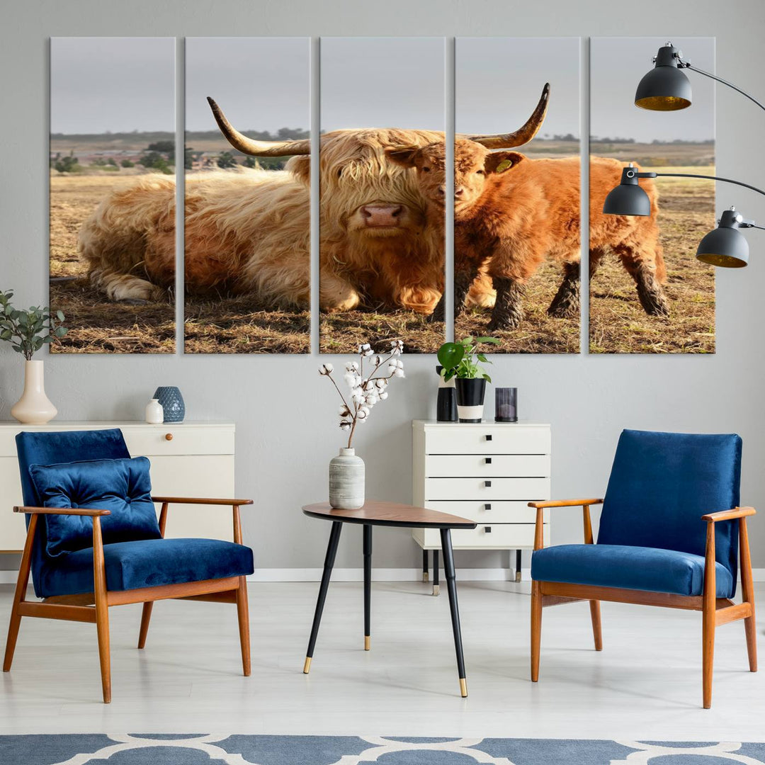 Highland Cow Canvas Wall Art Animal Print Pictures Highland Fluffy Cattle Photo Framed Farmhouse Painting