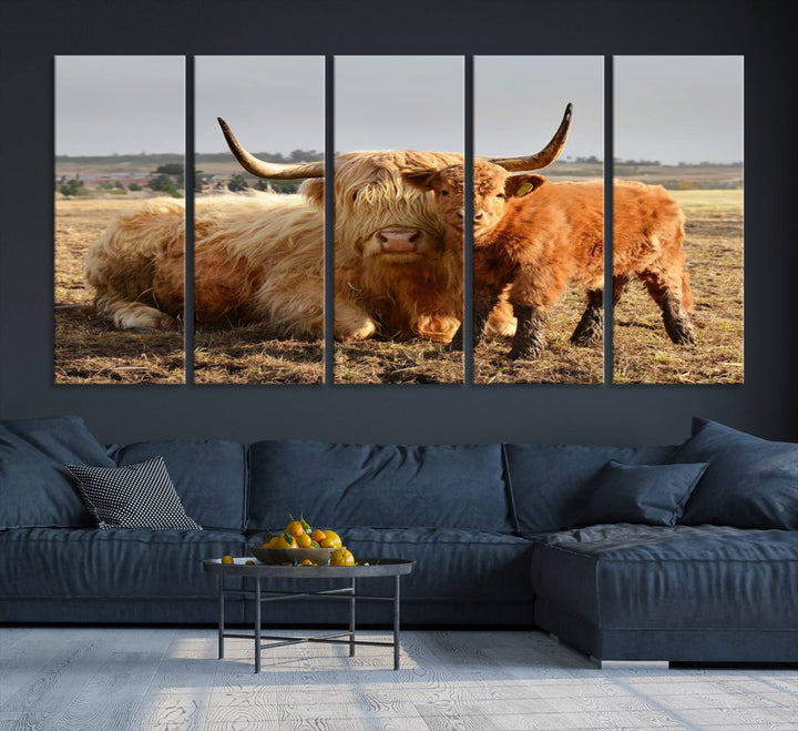 Highland Cow Canvas Wall Art Animal Print Pictures Highland Fluffy Cattle Photo Framed Farmhouse Painting