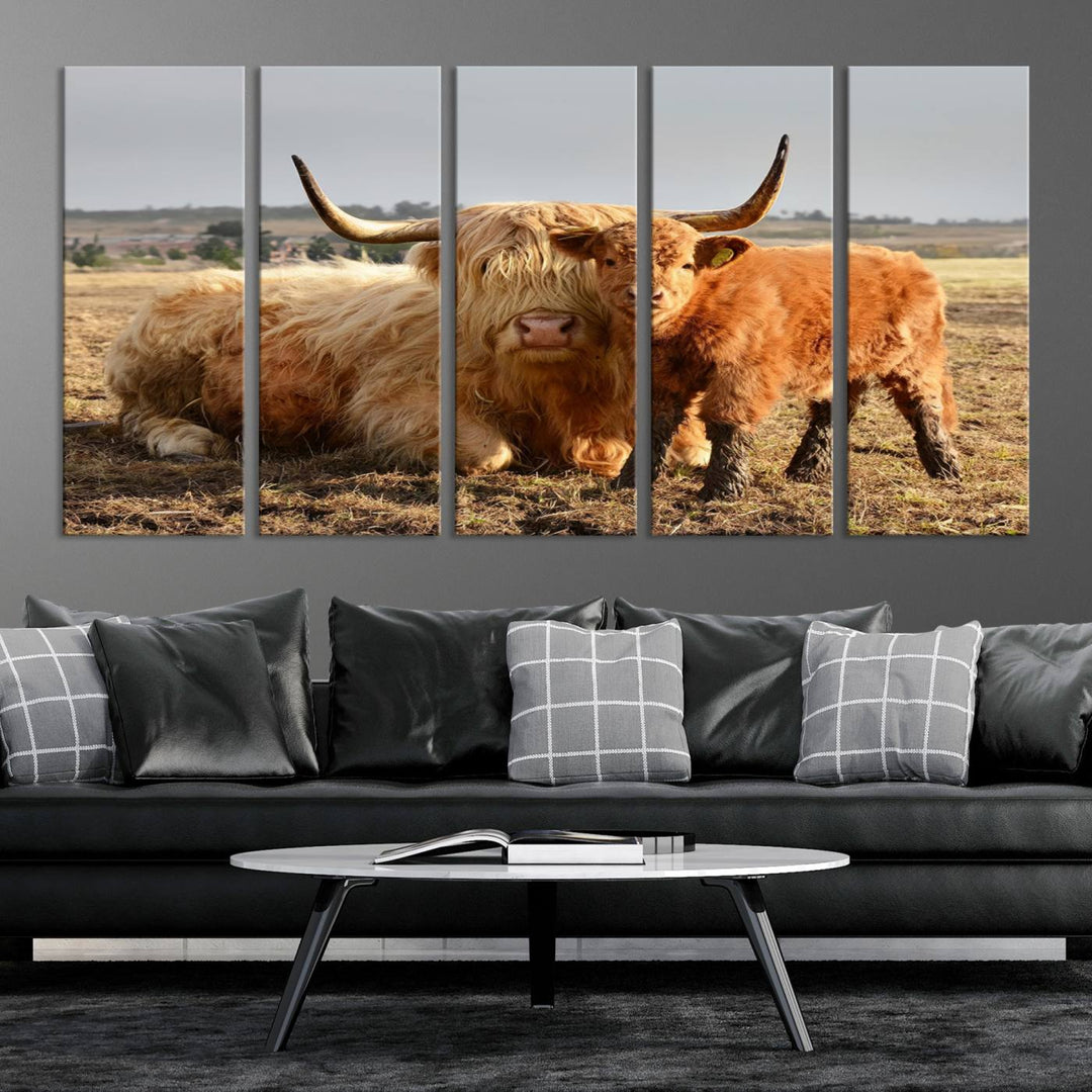 Highland Cow Canvas Wall Art Animal Print Pictures Highland Fluffy Cattle Photo Framed Farmhouse Painting