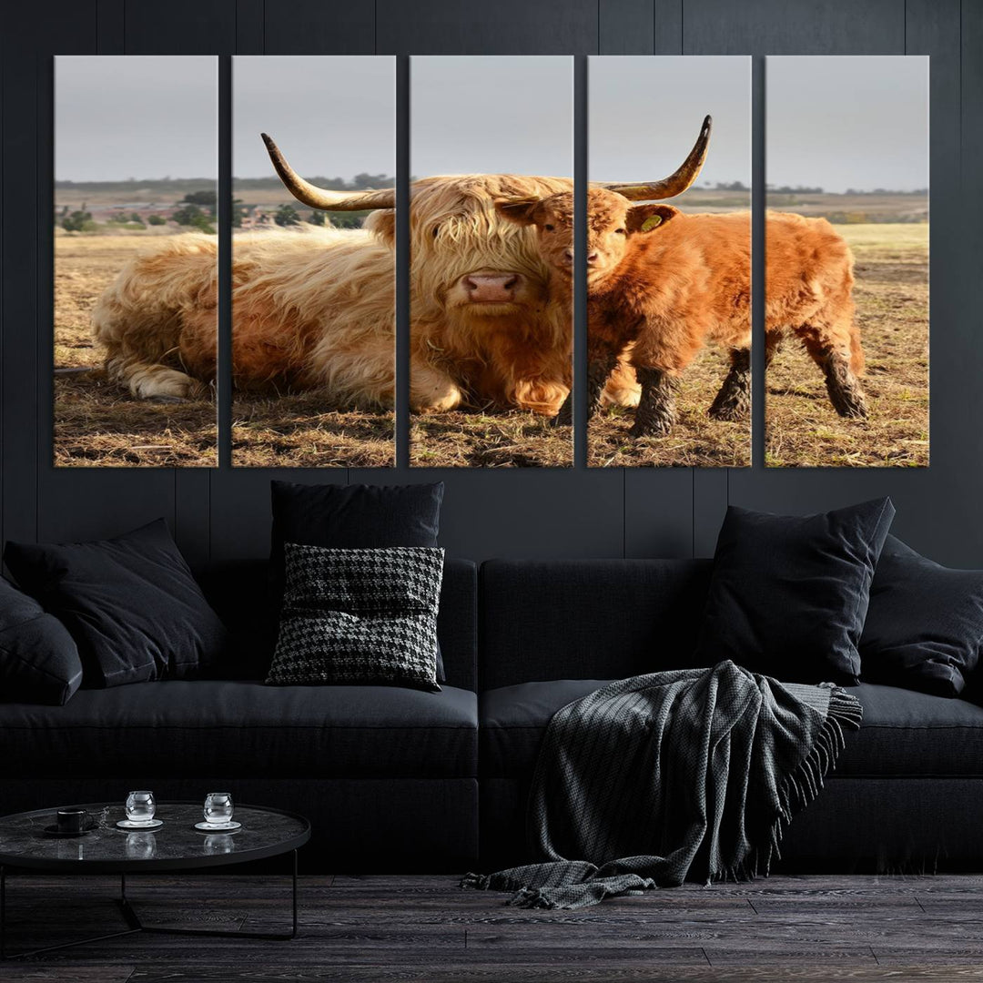 Highland Cow Canvas Wall Art Animal Print Pictures Highland Fluffy Cattle Photo Framed Farmhouse Painting