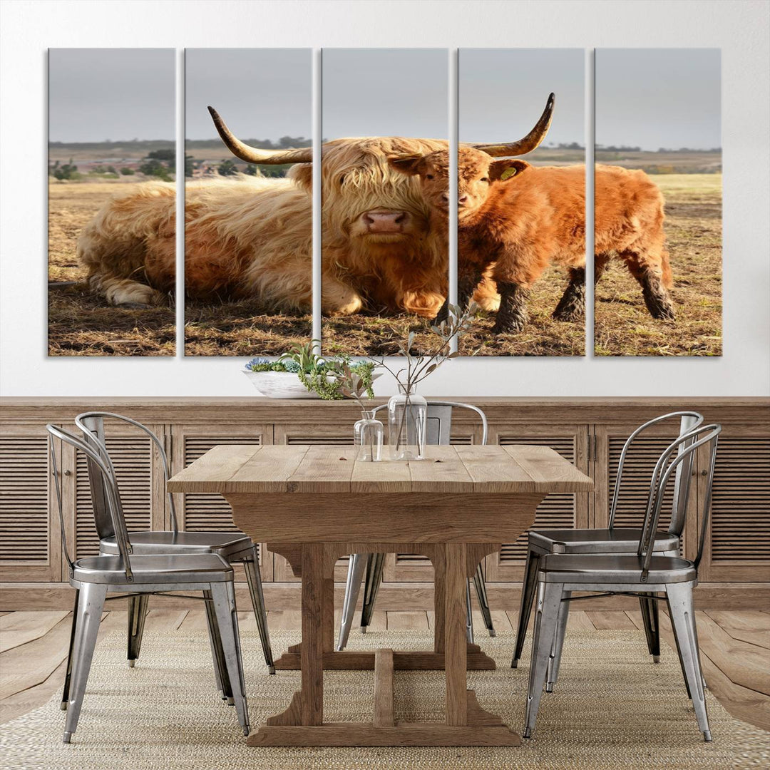 Highland Cow Canvas Wall Art Animal Print Pictures Highland Fluffy Cattle Photo Framed Farmhouse Painting