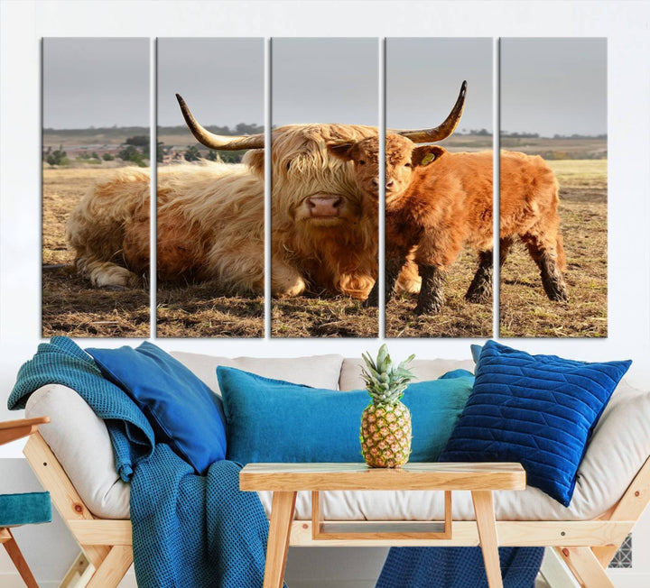 Highland Cow Canvas Wall Art Animal Print Pictures Highland Fluffy Cattle Photo Framed Farmhouse Painting