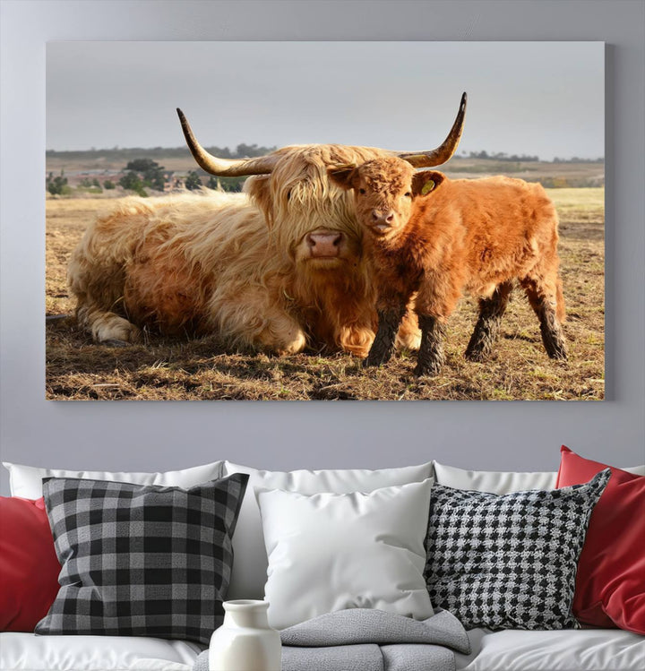 Highland Cow Canvas Wall Art Animal Print Pictures Highland Fluffy Cattle Photo Framed Farmhouse Painting