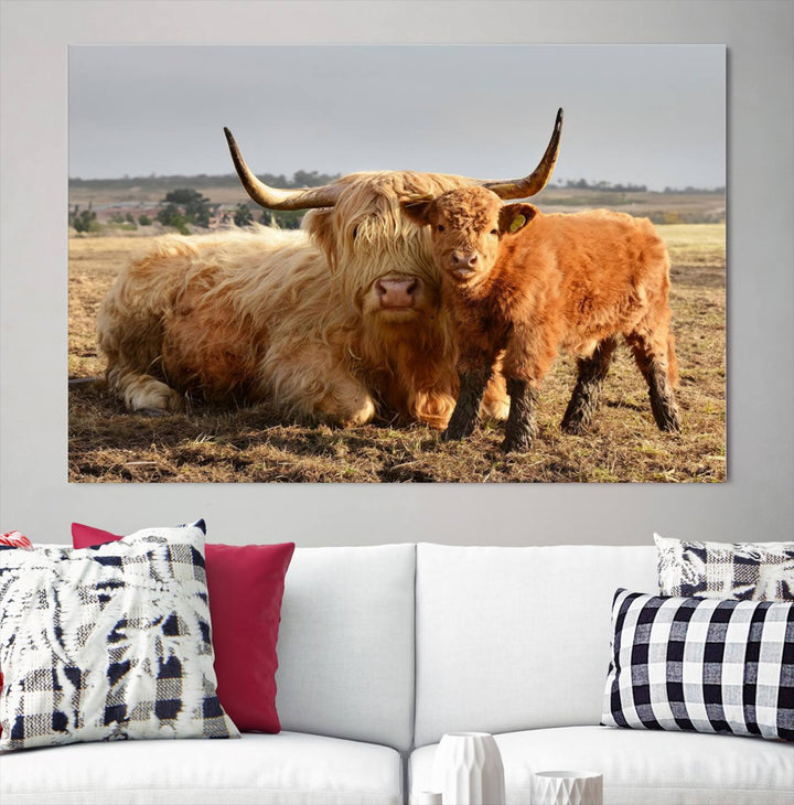 Highland Cow Canvas Wall Art Animal Print Pictures Highland Fluffy Cattle Photo Framed Farmhouse Painting