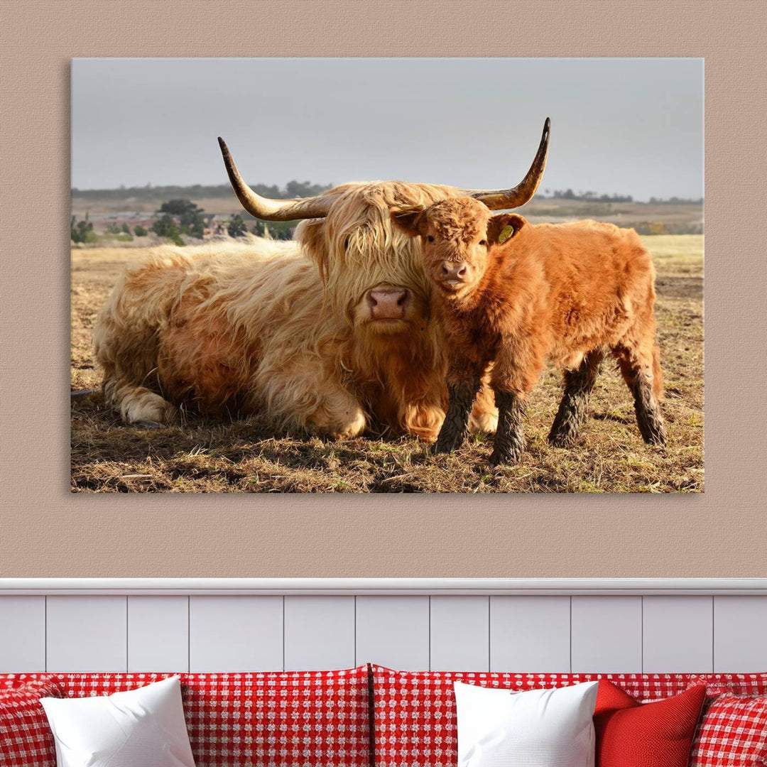 Highland Cow Canvas Wall Art Animal Print Pictures Highland Fluffy Cattle Photo Framed Farmhouse Painting