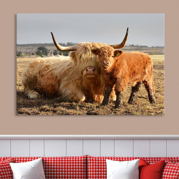 Highland Cow Canvas Wall Art Animal Print Pictures Highland Fluffy Cattle Photo Framed Farmhouse Painting