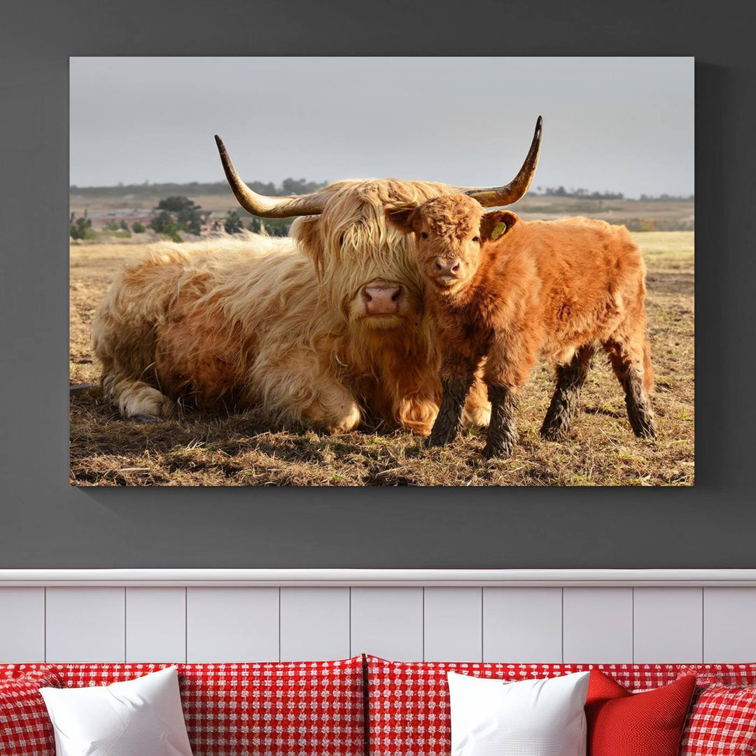 Highland Cow Canvas Wall Art Animal Print Pictures Highland Fluffy Cattle Photo Framed Farmhouse Painting