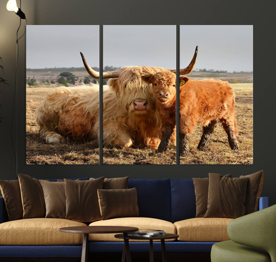 Highland Cow Canvas Wall Art Animal Print Pictures Highland Fluffy Cattle Photo Framed Farmhouse Painting