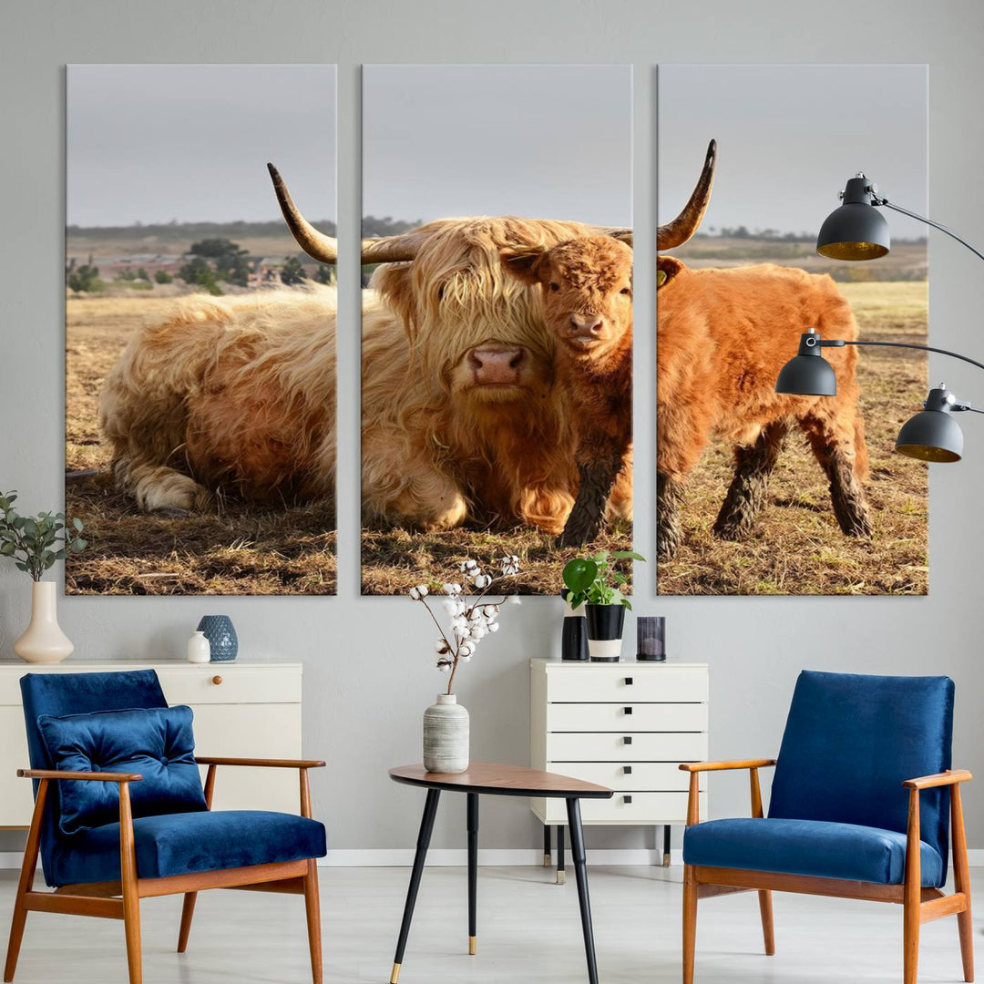 Highland Cow Canvas Wall Art Animal Print Pictures Highland Fluffy Cattle Photo Framed Farmhouse Painting