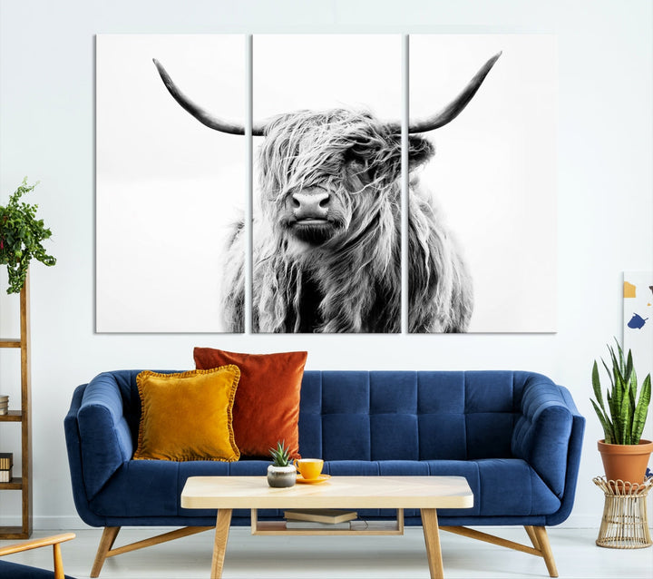 Highland Cow Canvas Wall Art Farmhouse Decor Cow Black White Print Rustic Wall Decor Animals Painting Scottish Cow Wall