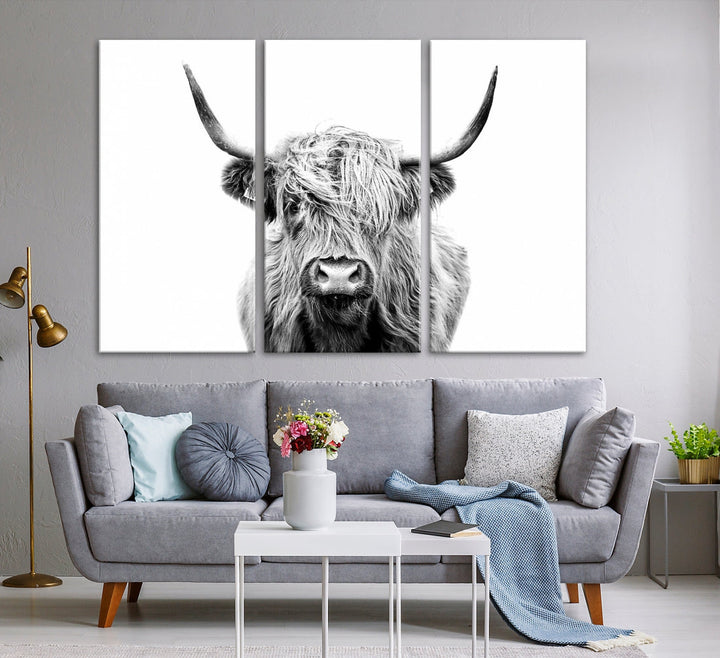 Highland Cow Canvas Wall Art Farmhouse Decor Cow Black White Print Rustic Wall Decor Animals Painting Scottish Cow Wall