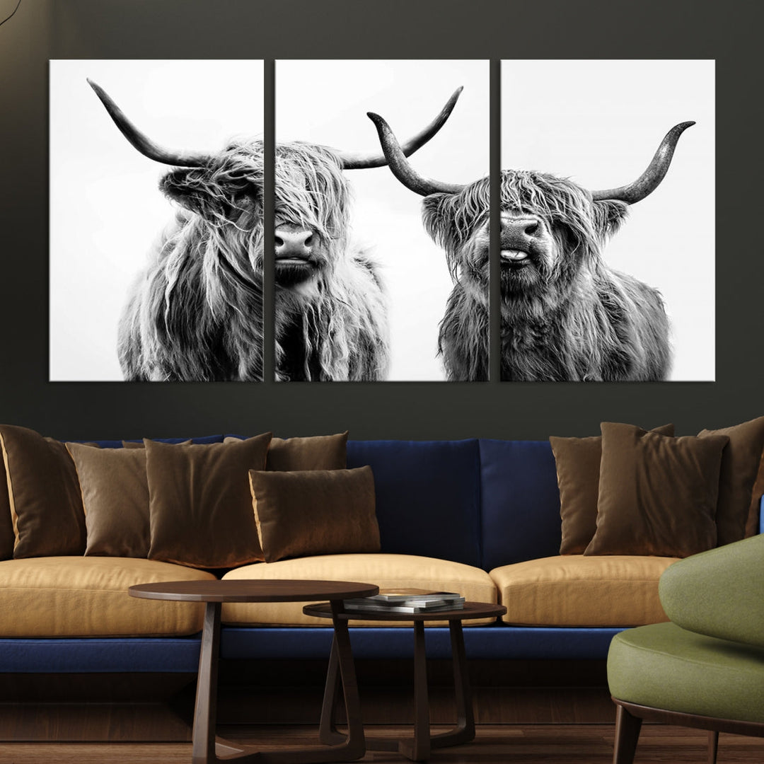 Highland Cow Canvas Wall Art Farmhouse Decor Cow Black White Print Rustic Wall Decor Animals Painting Scottish Cow Wall