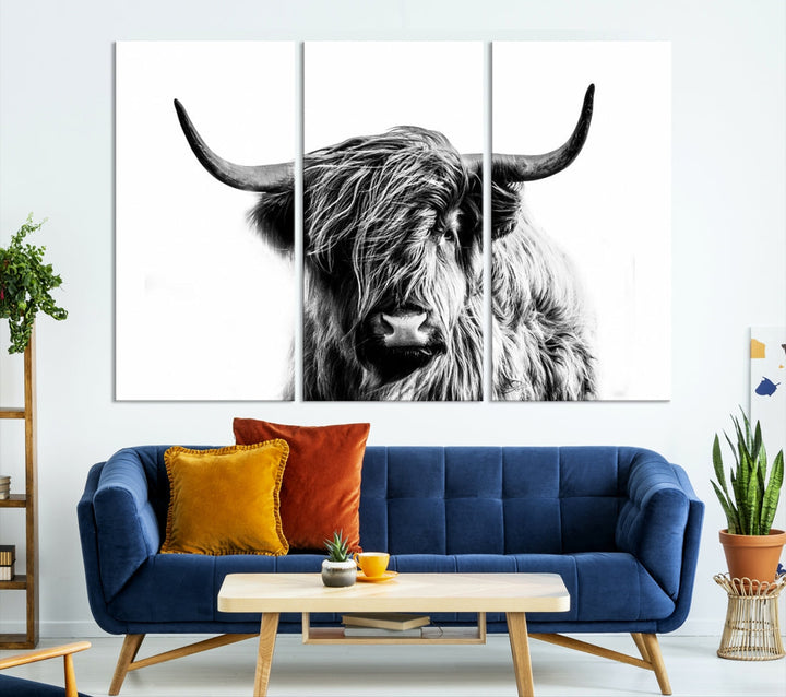 Highland Cow Canvas Wall Art Farmhouse Decor Cow Black White Print Rustic Wall Decor Animals Painting Scottish Cow Wall