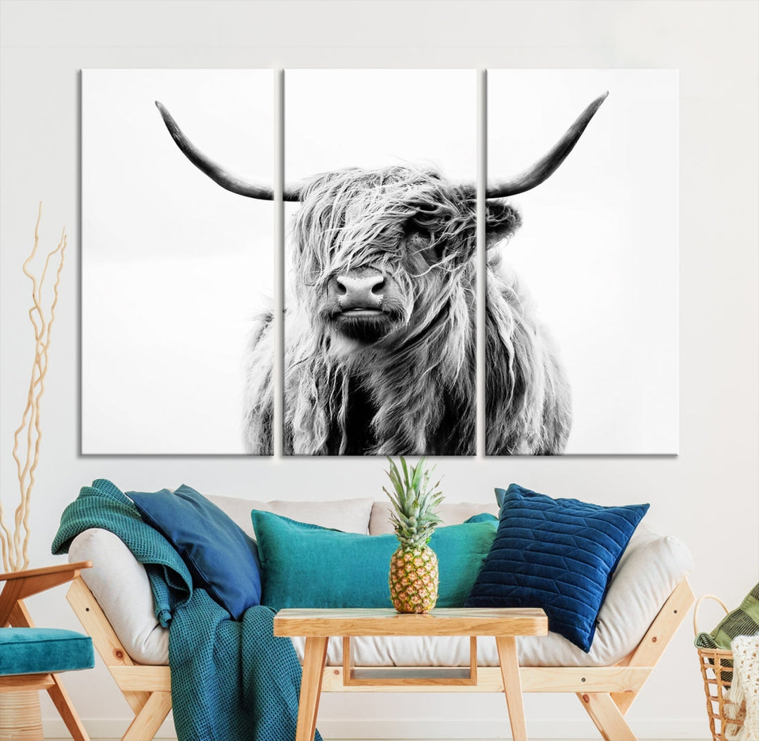 Highland Cow Canvas Wall Art Farmhouse Decor Cow Black White Print Rustic Wall Decor Animals Painting Scottish Cow Wall