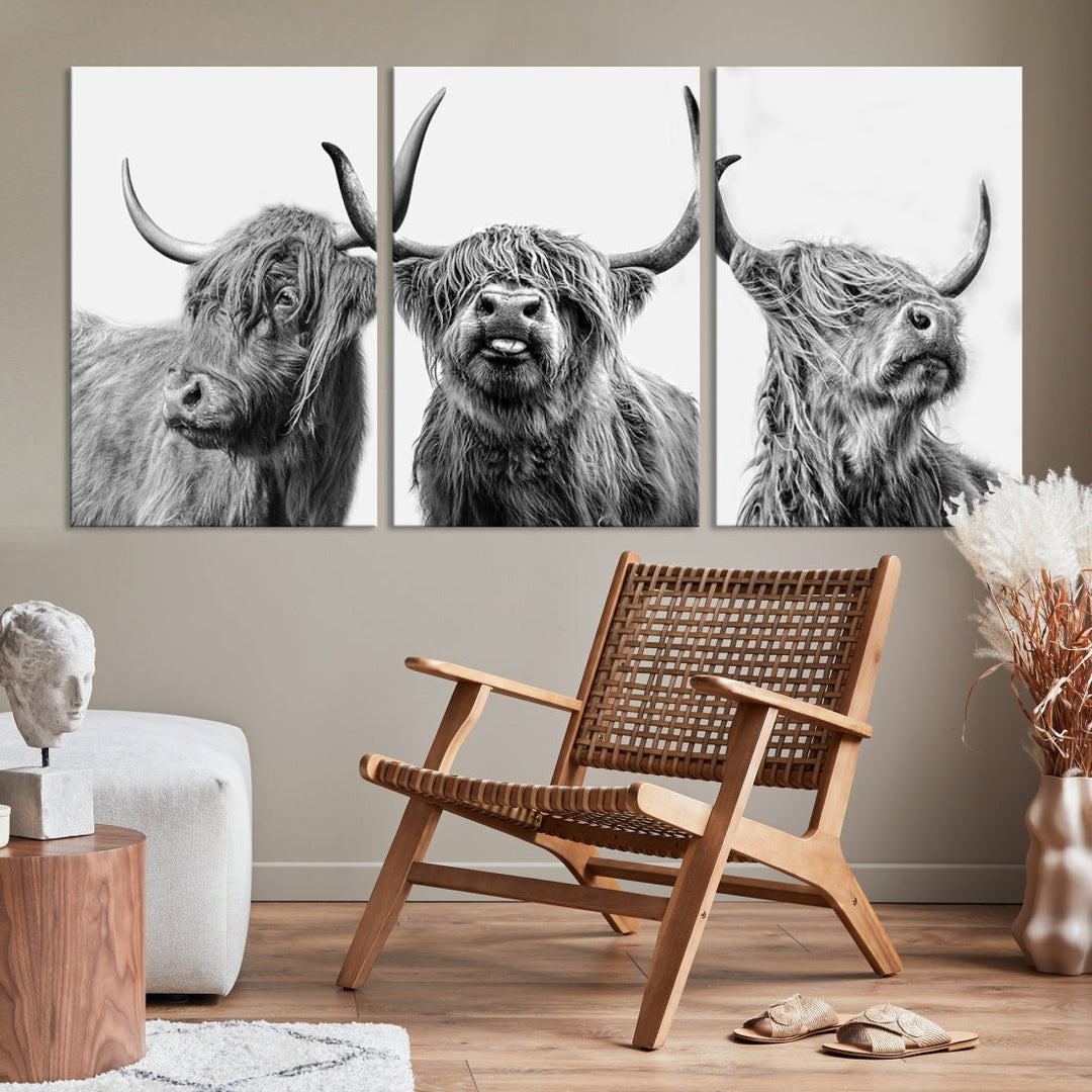 Highland Cow Canvas Wall Art Farmhouse Decor Cow Black White Print Rustic Wall Decor Animals Painting Scottish Cow Wall