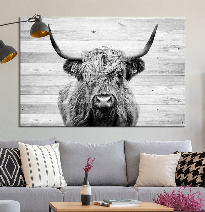 Highland Cow Canvas Wall Art Farmhouse Decor Cow Black White Print Rustic Wall Decor Animals Painting Scottish Cow Wall