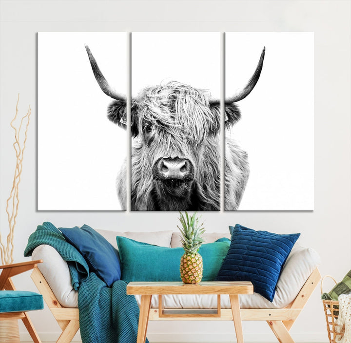 Highland Cow Canvas Wall Art Farmhouse Decor Cow Black White Print Rustic Wall Decor Animals Painting Scottish Cow Wall