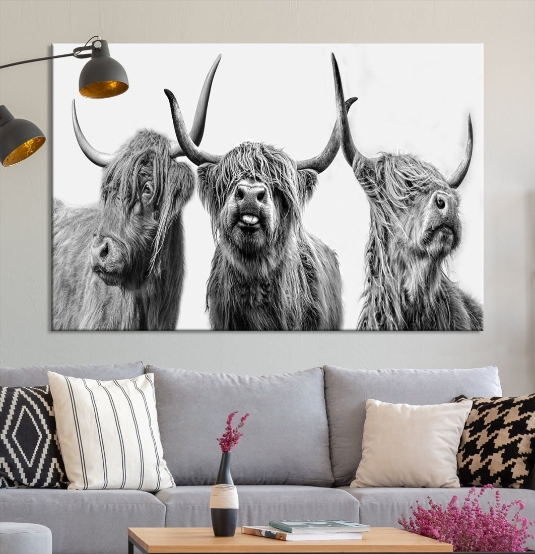 Highland Cow Canvas Wall Art Farmhouse Decor Cow Black White Print Rustic Wall Decor Animals Painting Scottish Cow Wall