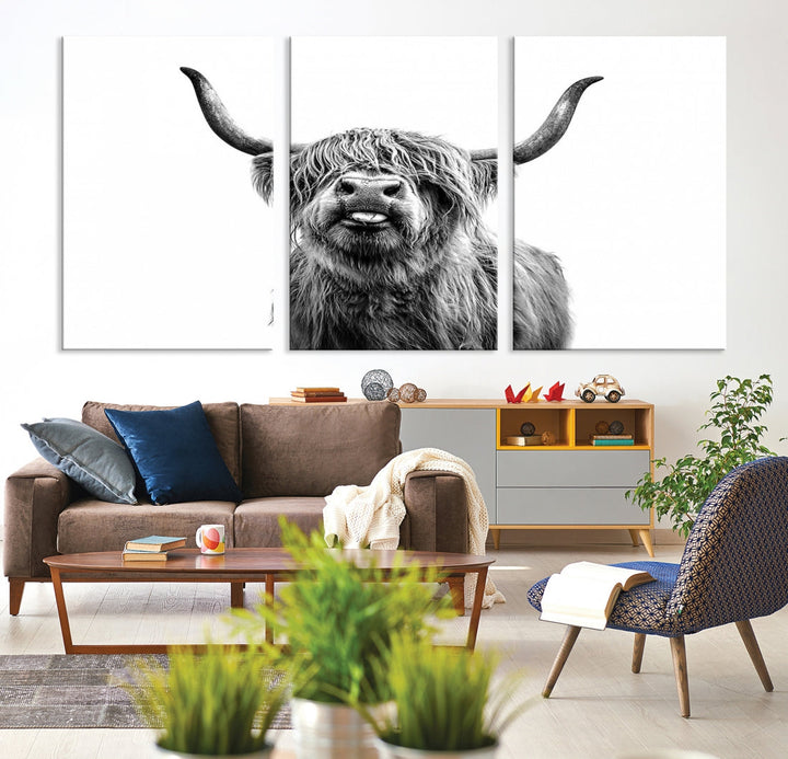 Highland Cow Canvas Wall Art Farmhouse Decor Cow Black White Print Rustic Wall Decor Animals Painting Scottish Cow Wall